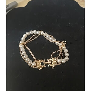 Vtg Goldette Gold Tone Faux Pearls Elegant Fashion Jewelry Beaded Chain Bracelet